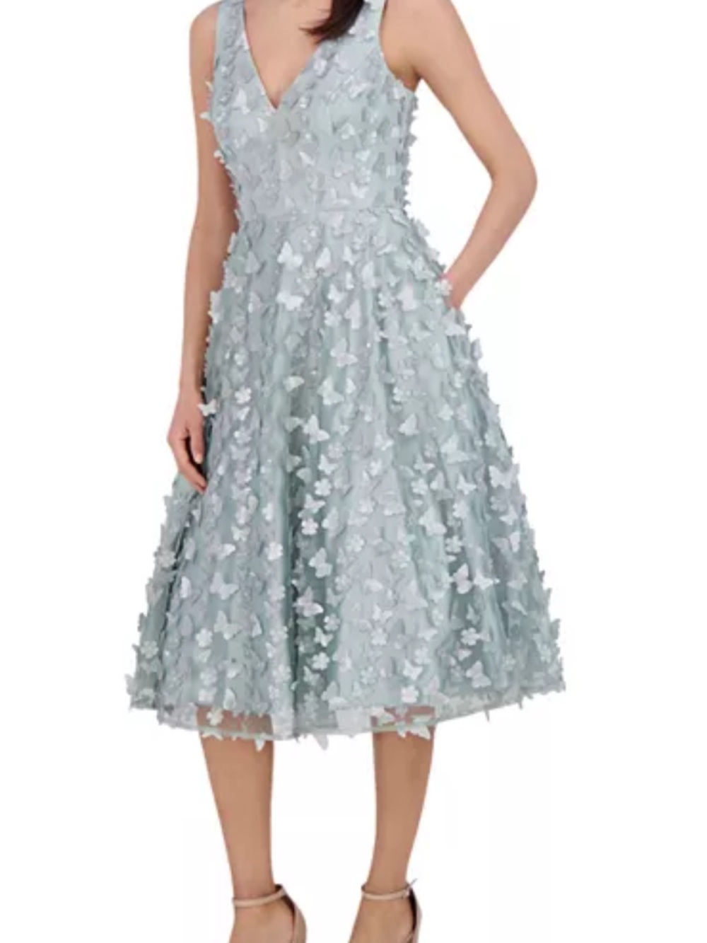 Eliza J Light Blue V-Neck 3D Butterfly Midi Dress